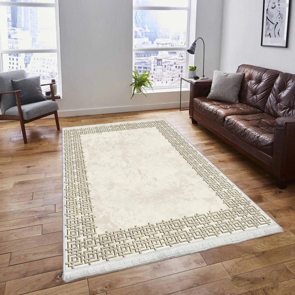 Waschbarer Teppich mit geometrischem Randmuster im modernen Wohnzimmer
