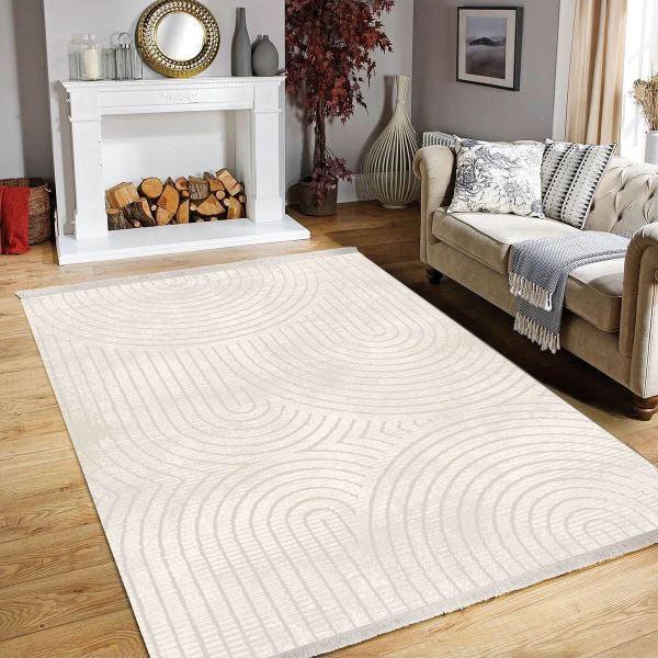 Waschbarer Teppich mit wellenförmigem Muster in Creme, ideal für Wohnzimmer mit Holzboden und Kamin