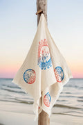 Waschbarer Bambusteppich mit Sonnen- und Kreismotiv am Strand