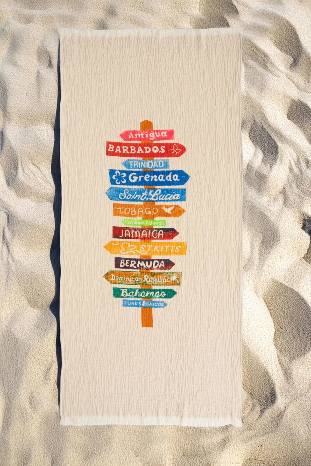 Waschbarer Strandtuch mit Karibik-Schildern, ideal für Strand & Reisen, farbenfrohes Design
