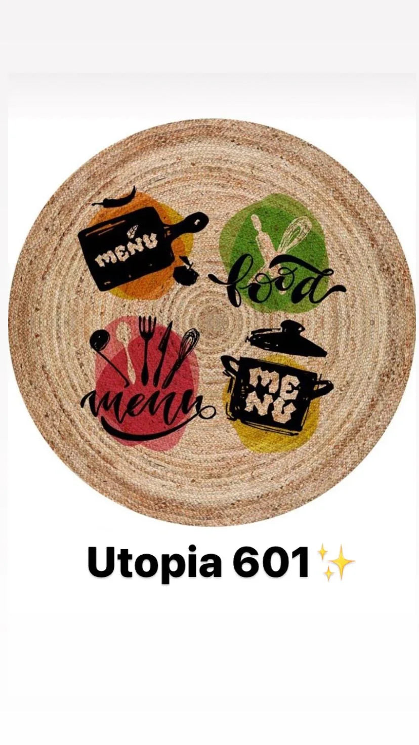 Round woven rug with kitchen-themed graphics and food menu text in colorful accents