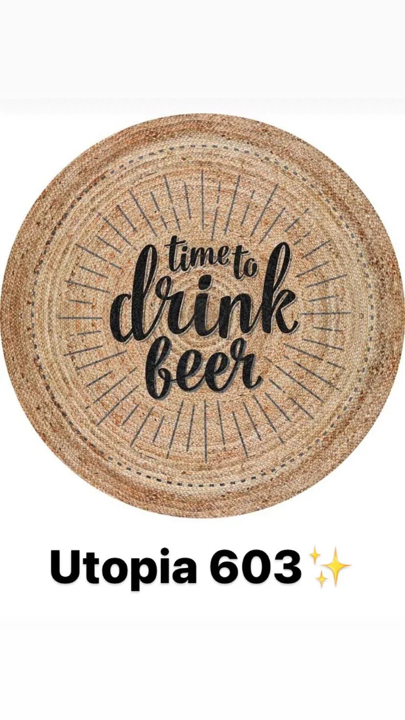 Runder Bambusteppich Utopia 603 mit Spruch 'time to drink beer', waschbar, naturfarben