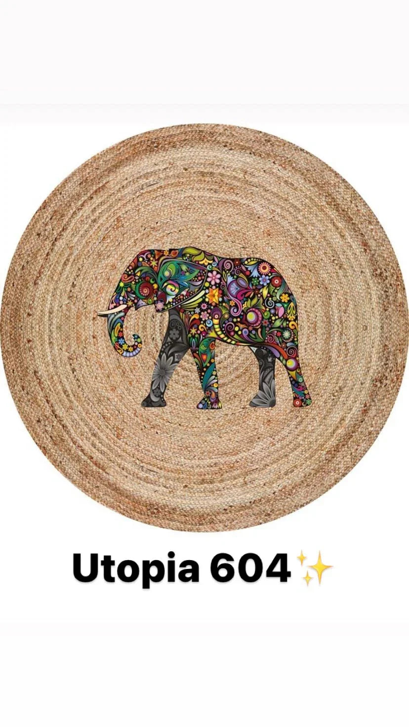 Runder Bambusteppich mit buntem Elefanten-Muster, waschbar, Design Utopia 604