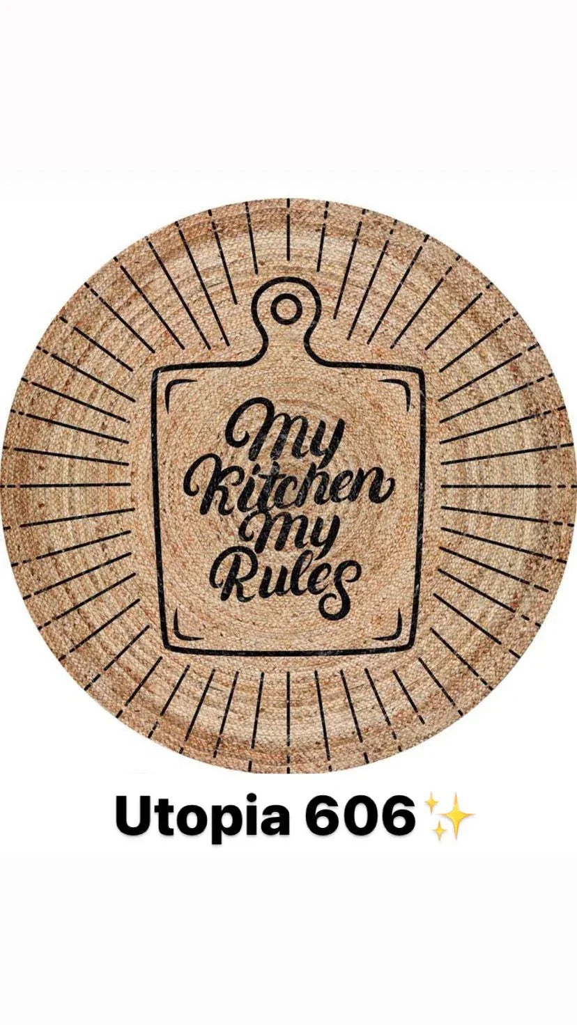 Runder Bambusteppich mit 'My Kitchen My Rules' Aufdruck, waschbar, Design Utopia 606