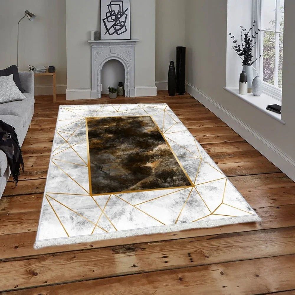 Waschbarer Teppich mit Marmor-Optik und Goldlinien, modernes Wohnzimmer