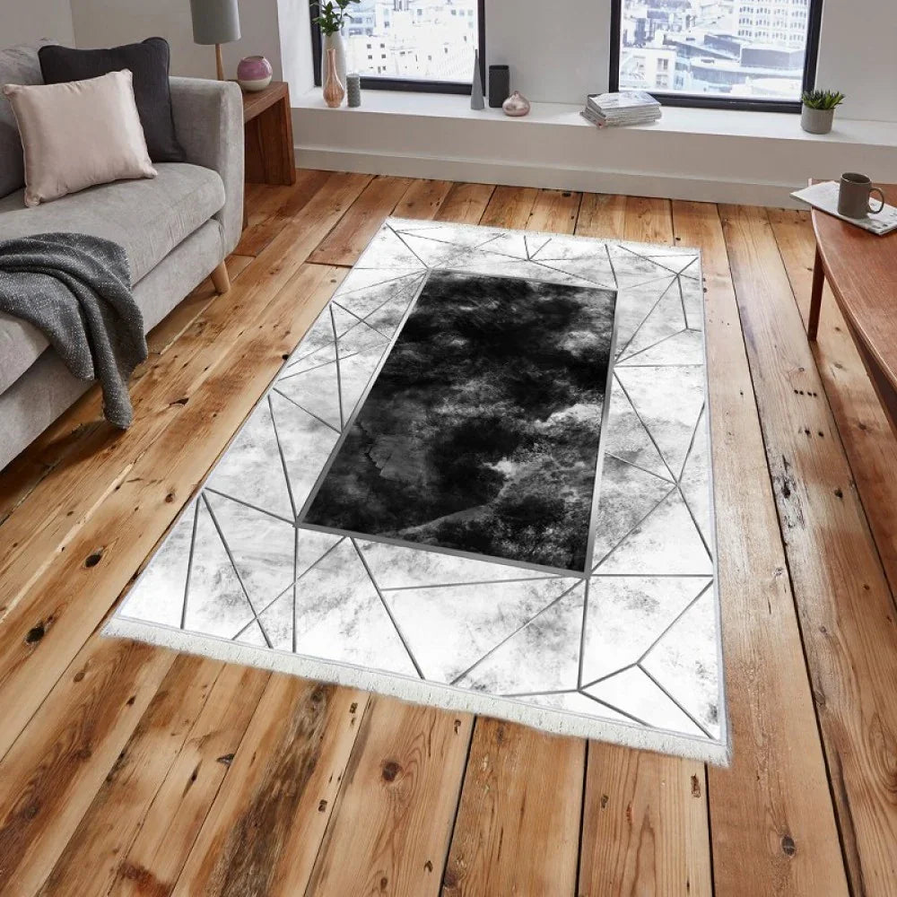 Waschbarer Teppich mit geometrischem Muster in Schwarz-Weiß für Wohnzimmer, modernes Design auf Holzboden