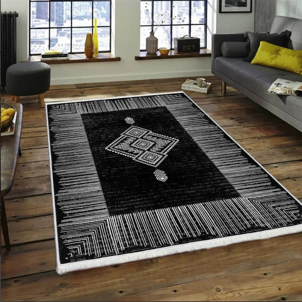 Schwarzer waschbarer Teppich mit geometrischem Muster und Fransen für Wohnzimmer