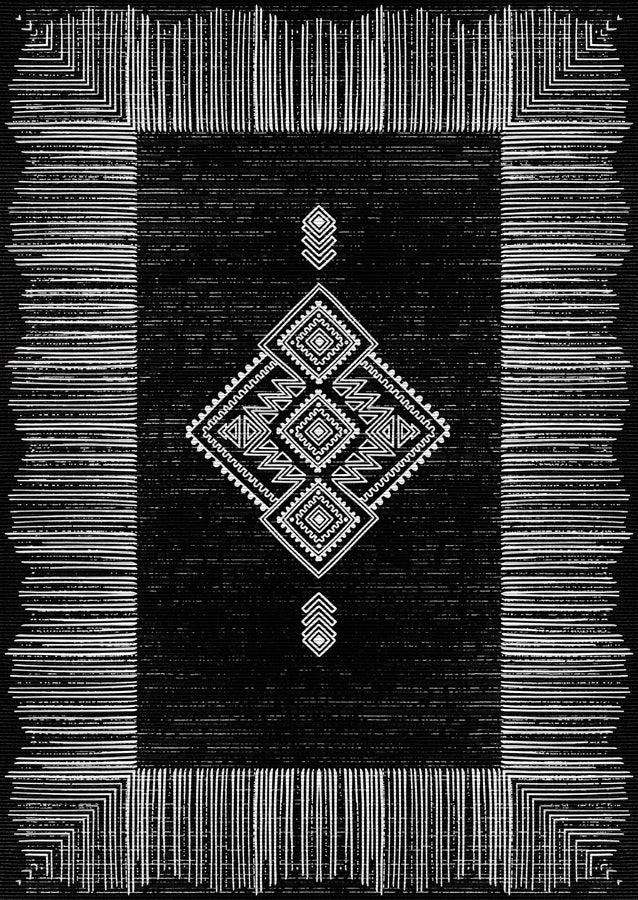 Schwarzer waschbarer Teppich mit weißem geometrischem Muster und Bambus-Optik