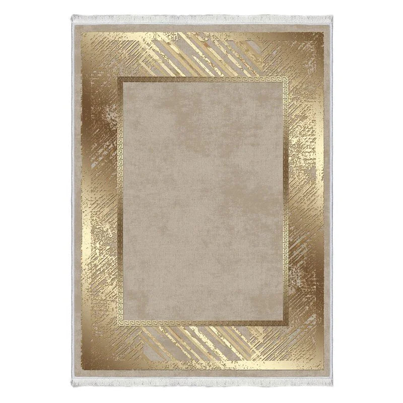 Beige washable rug with metallic gold geometric border and subtle fringe edges