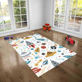 Kids' washable space-themed rug with rockets, planets, and UFOs in a bright playroom