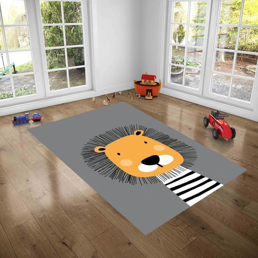 Löwen-Teppich für Kinderzimmer, waschbar, grau mit buntem Design, ideal für Spielbereich