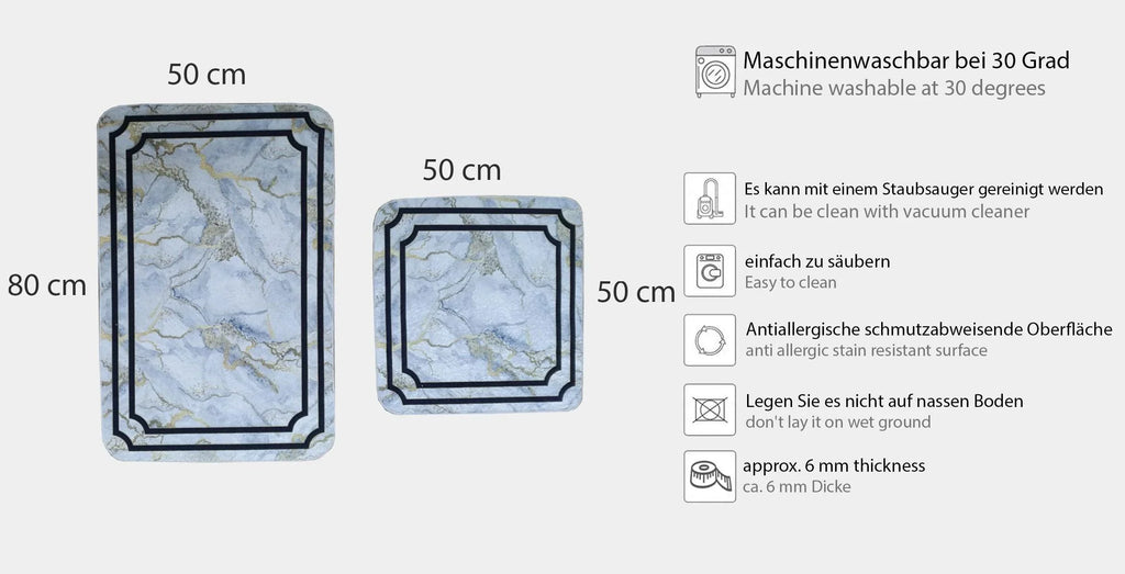 Set of two washable marble pattern rugs, 80x50 cm and 50x50 cm, anti-allergic, easy to clean.