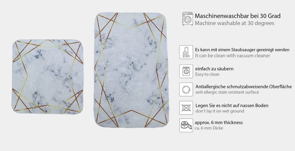 Set of two washable marble pattern rugs with gold geometric lines, stain resistant and easy to clean.