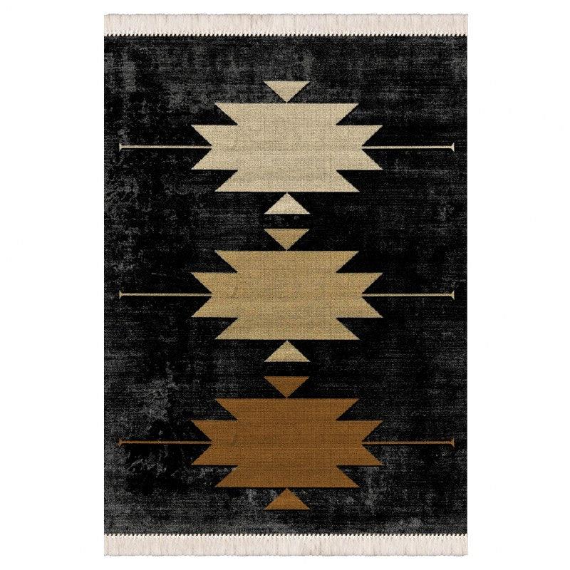Waschbarer Teppich mit geometrischem Muster in Schwarz und Gold, ideal für moderne Wohnräume