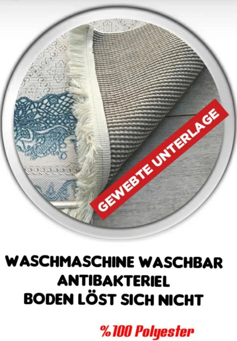 Close-up of washable, antibacterial woven rug with blue pattern and anti-slip backing, 100% polyester.